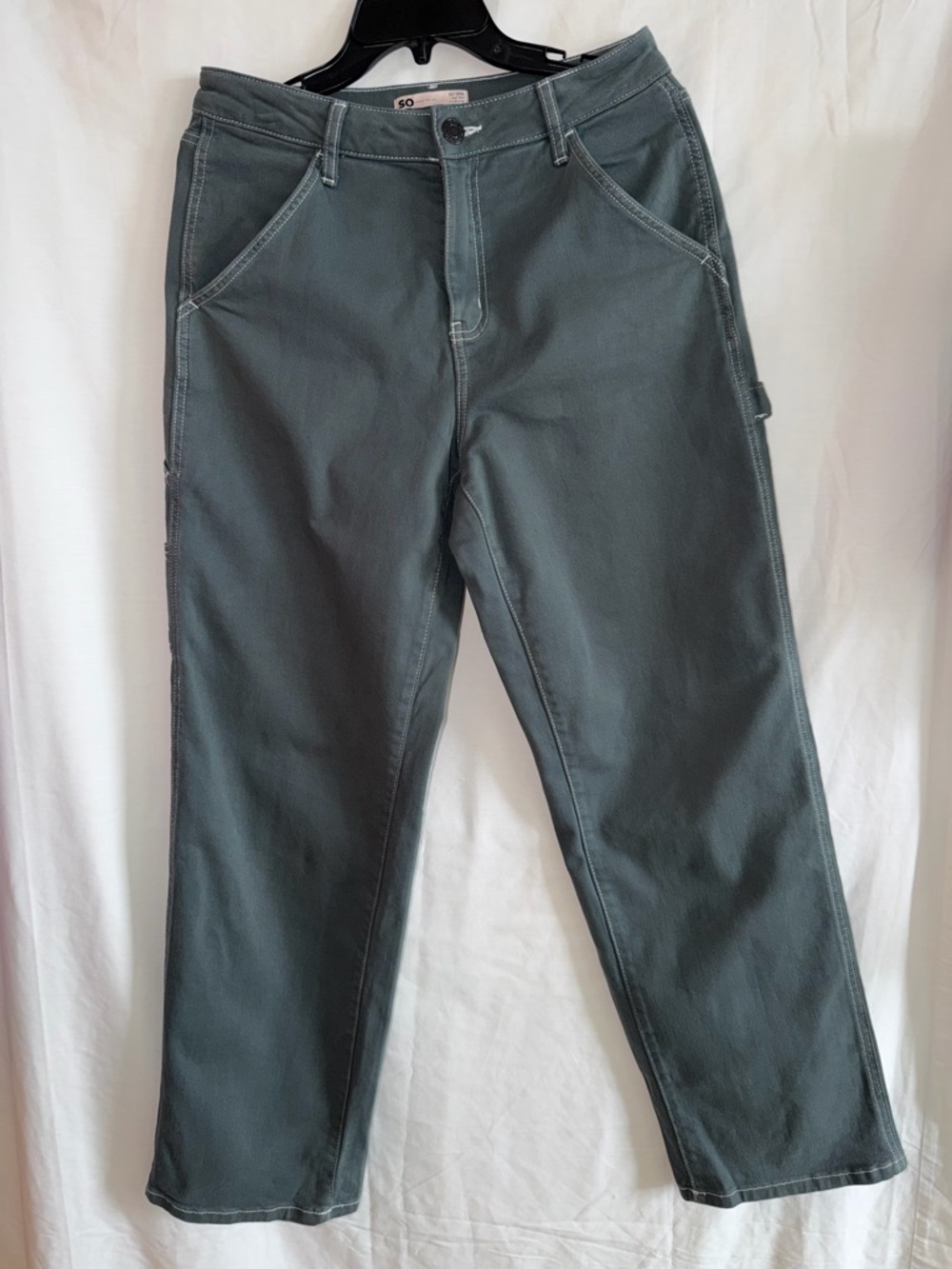 Women's grey-green work trousers with white stitching, size 11/30W. Brand: SO.